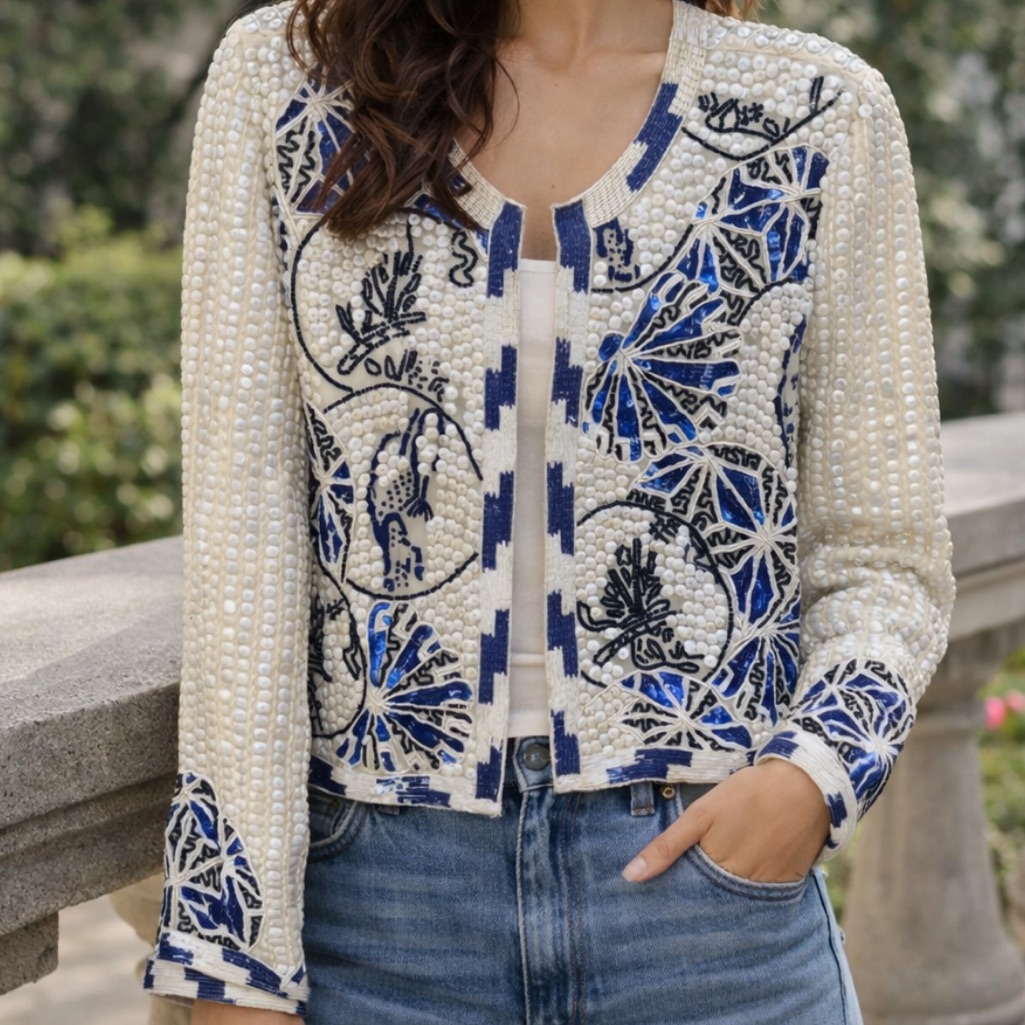 La Bellum Hillary Scott Embellished White And Blue Women's Blazer